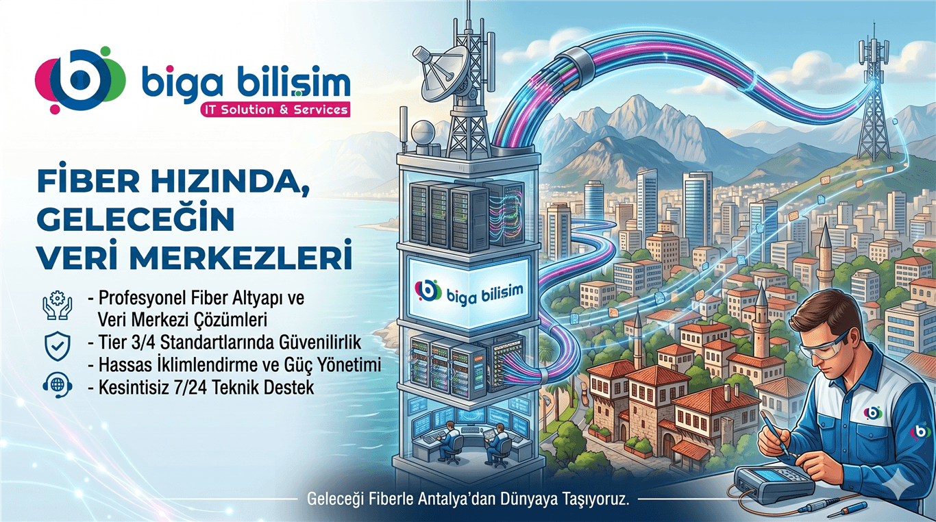 Biga Bilişim'in fiber hızında gelecek veri merkezlerini tanıtan renkli reklam bannerı.