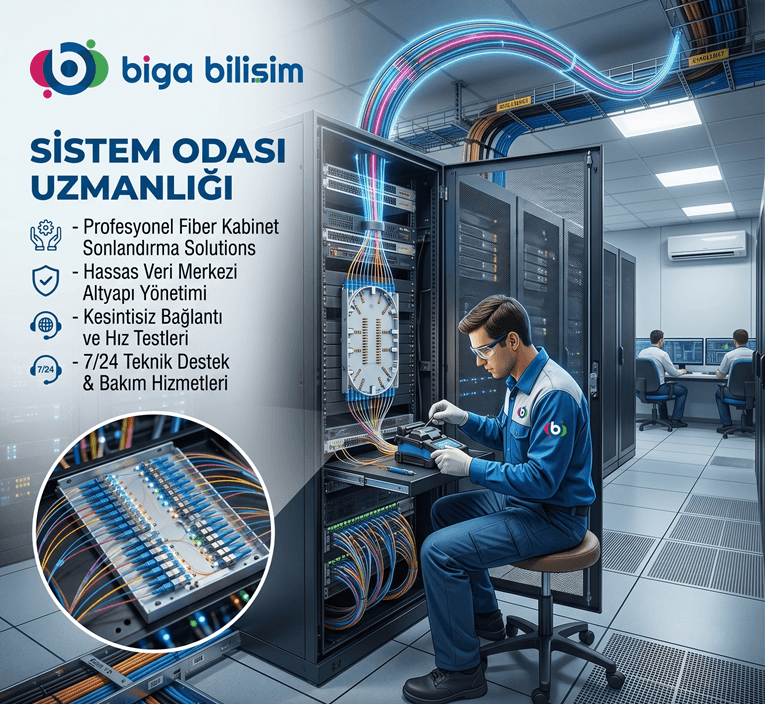 Data center technician in blue uniform working at a server rack with colorful cables, chrome cabinets, and a digital clock overlay; company branding and Turkish service list are visible on the left.